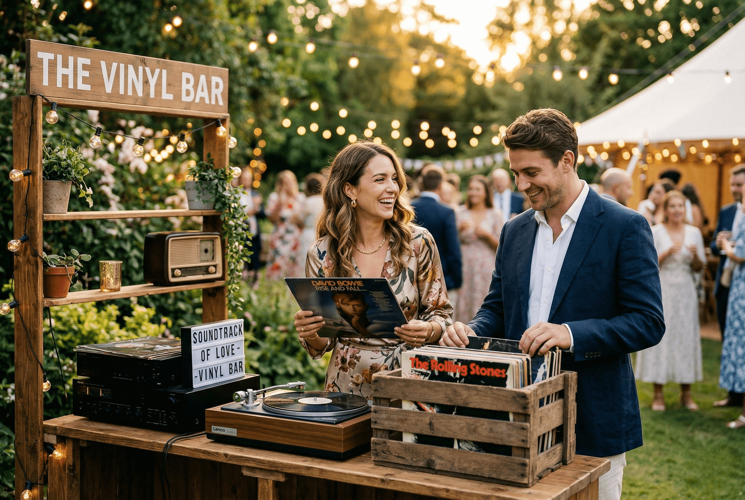 Bar à Vinyles ambiance vintage avec bacs de disques pour cocktail de mariage